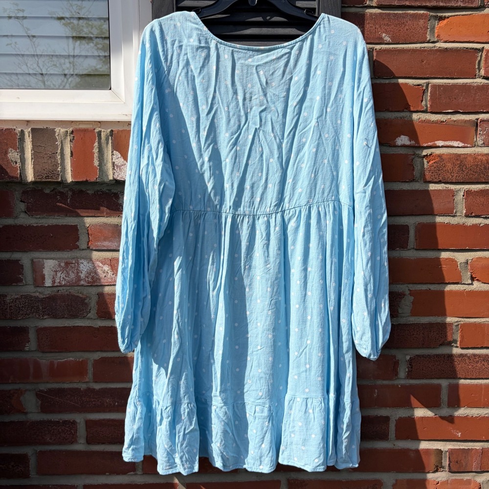 Torrid Light Blue Polka Dot Babydoll Mini Dress V-Neck Tiered Long Sleeve‎ 1 1X - Picture 6 of 6